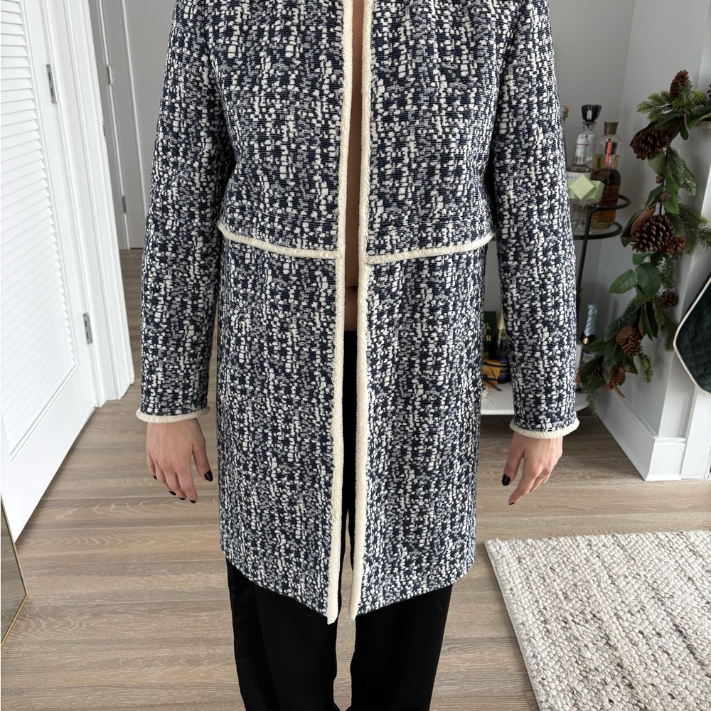 Tahari Navy and Cream Tweed Coat